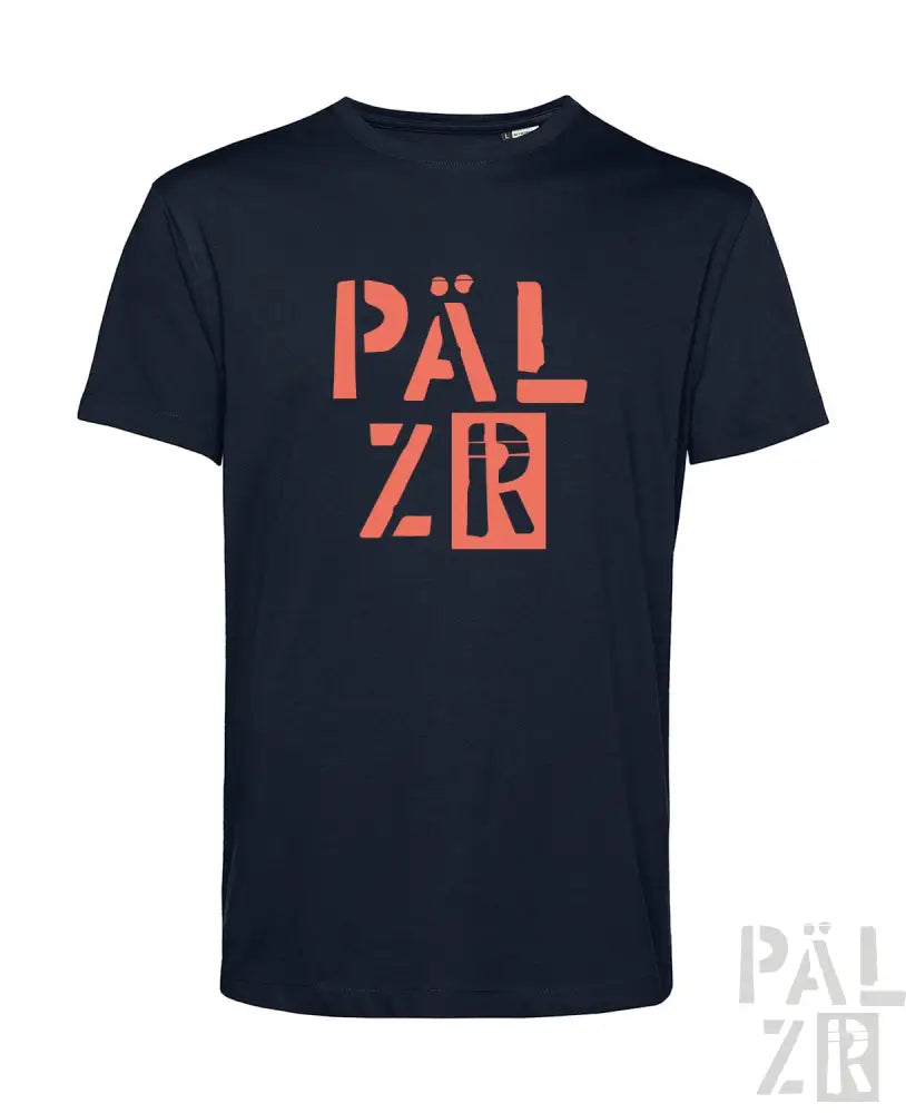 Marineblaues T-Shirt mit orange ’palzr’-Logo-Design, aus Baumwolle.