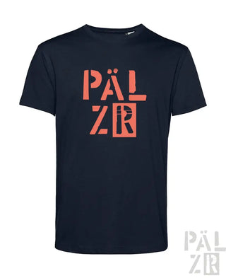 Marineblaues T-Shirt mit orange ’palzr’-Logo-Design, aus Baumwolle.