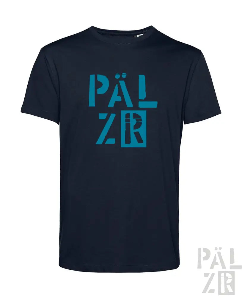 Marineblaues Pälzr T-Shirt mit türkisfarbenem Logo und Design.