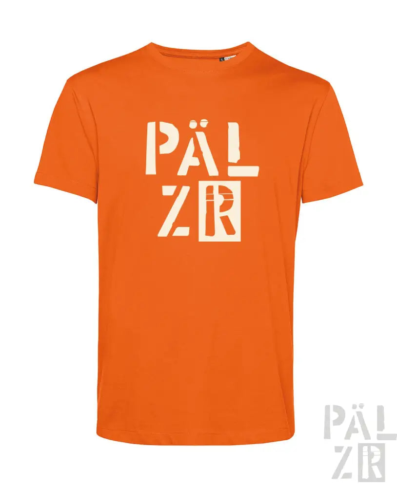 Oranges T-Shirt mit ’pälzr’-Logo-Design, aus Baumwolle gefertigt.
