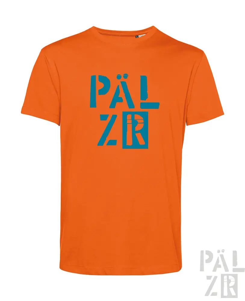 Oranges T-Shirt mit ’pälzr’-Logo in Türkis und Schwarz.