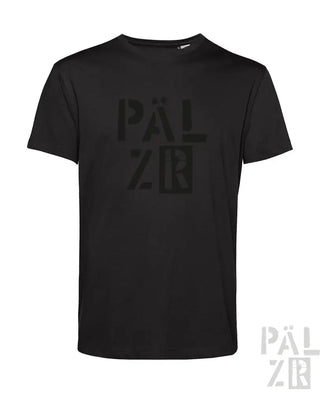 Schwarzes T-Shirt mit ‚pälzir‘-Logo-Design, aus Baumwolle.