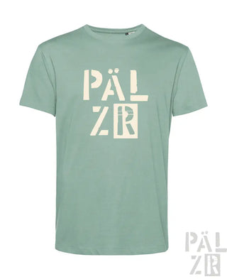 Minzgrünes T-Shirt mit weißem Logo-Design.