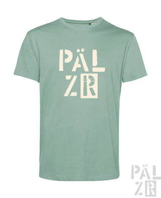 Minzgrünes T-Shirt mit weißem Logo-Design.