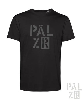 Schwarzes T-Shirt mit ’pälzr’-Logo-Design, aus Baumwolle.