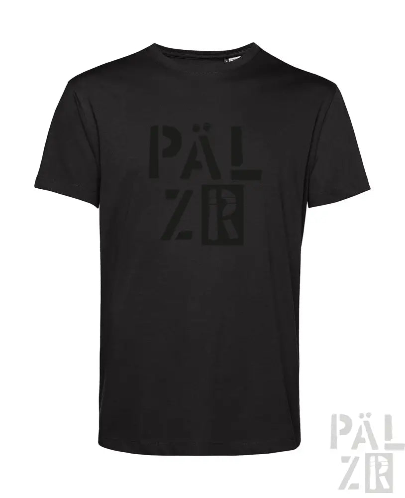 Schwarzes T-Shirt mit ‚pälzir‘-Logo-Design, aus Baumwolle.