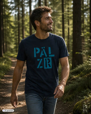Navyblaues männer baumwoll t-shirt mit kräftigem türkisem pälzer schriftzug auf der brust