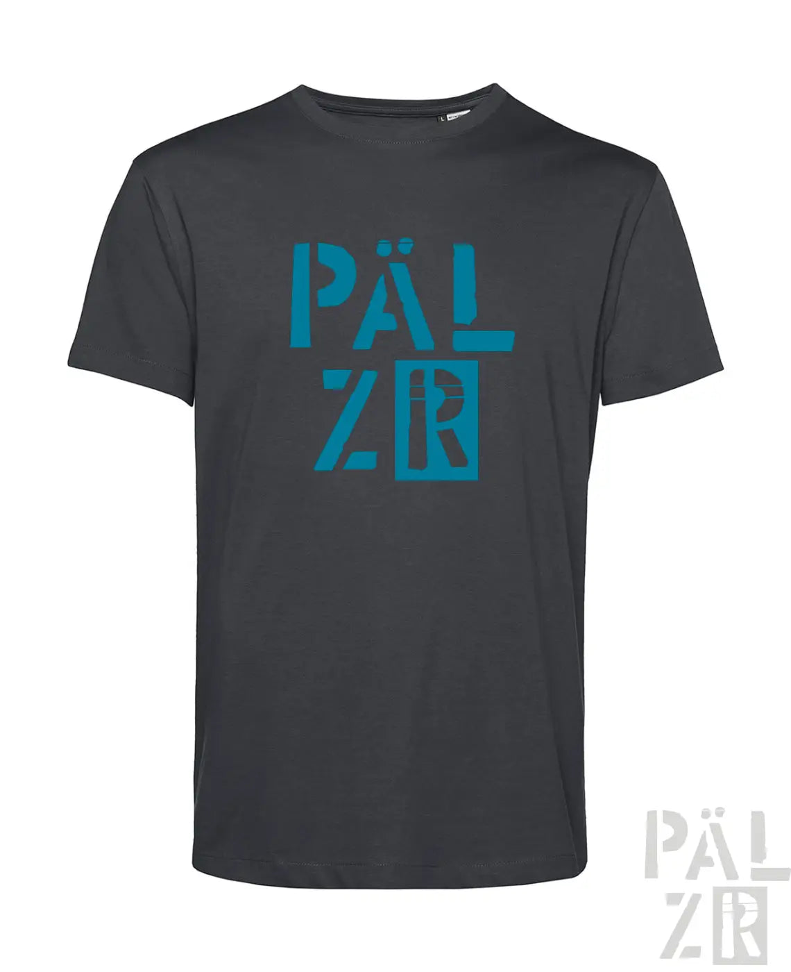 Dunkelgraues kurzärmliges männer t-shirt mit auffälligem petrolfarbenem pälz r grafikdruck