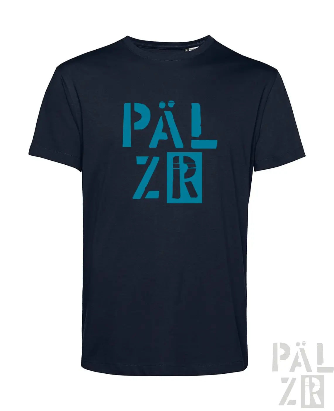 Dunkel marineblaues männer t-shirt mit kurzem verlauf und auffälligem türkisen pälzr logo auf der brust