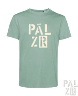 Weiches männer t-shirt in salbeigrün mit cremefarbenem pälz r grafik in modernem blockschrift design