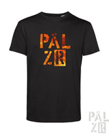 Schwarzes männer t-shirt aus baumwolle mit auffälligem pälz schriftzug in feurigem orange und gelb