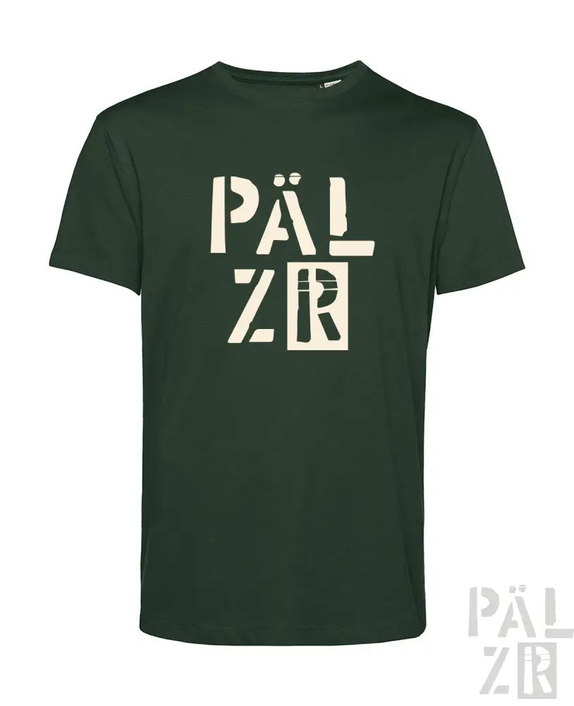 Grünes T-Shirt mit weißem ’pälzr’-Logo-Design, aus Baumwolle gefertigt.