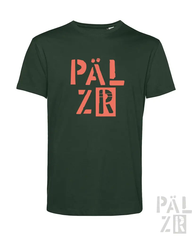 Grünes T-Shirt mit ’pälzr’-Logo in orange-schwarzem Design.
