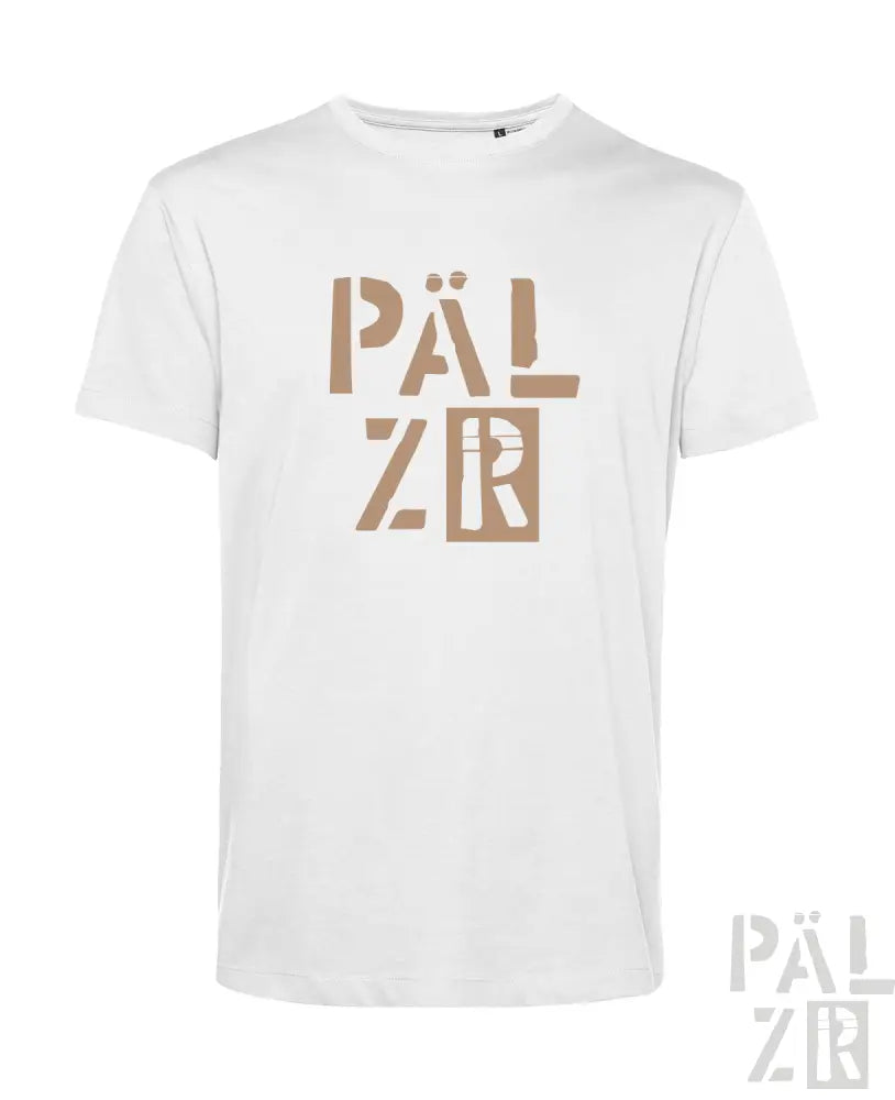 Weißes T-Shirt mit ’palzr’-Design in Gold und Schwarz, aus Baumwolle.