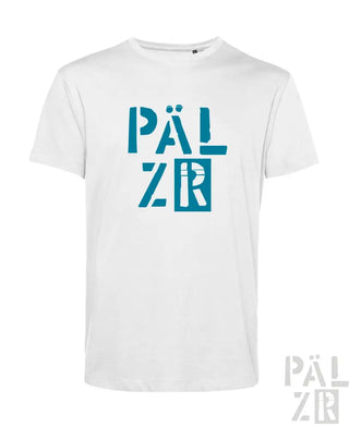 Weißes T-Shirt mit türkisfarbenem ’palzr’ Grafikdesign, aus Baumwolle gefertigt.