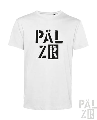 Weißes T-Shirt mit schwarzem Logo-Design ’palzr’, aus Baumwolle gefertigt.