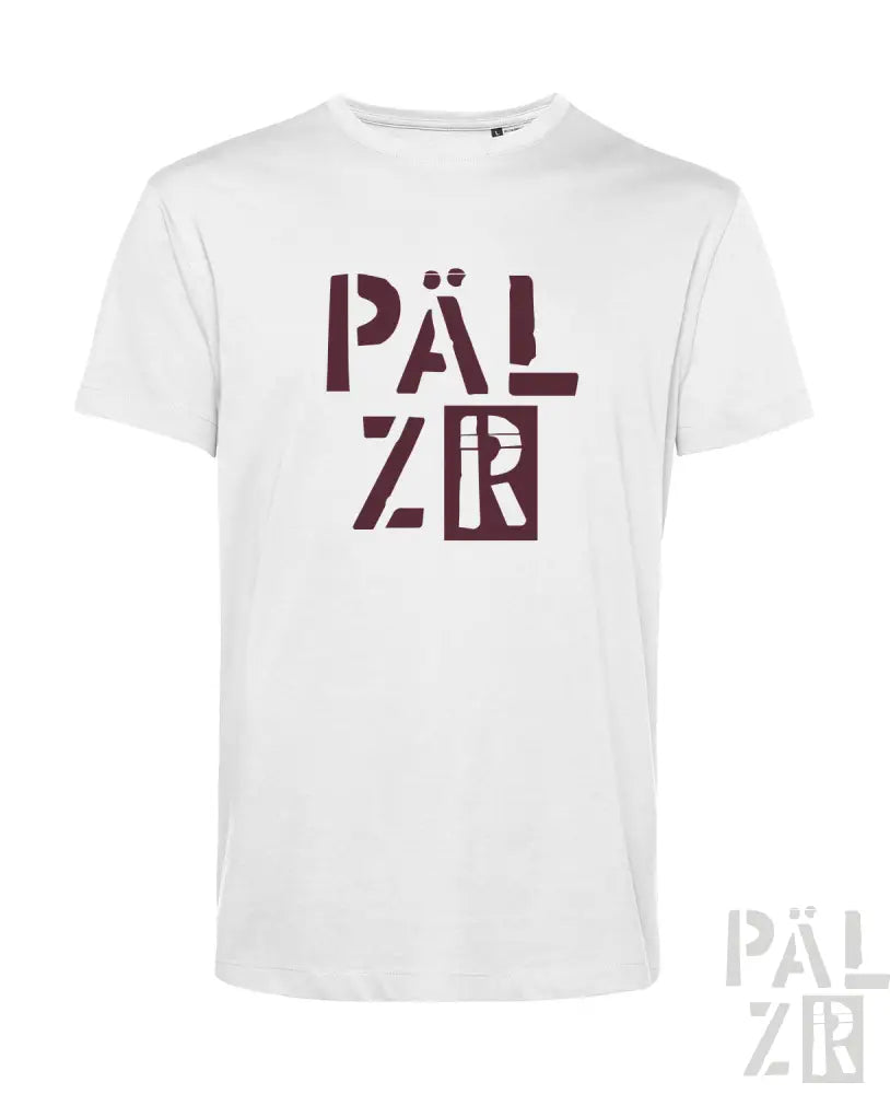 Weißes T-Shirt mit maroon-farbenem ’palzr’-Design auf der Vorderseite, aus Baumwolle gefertigt.