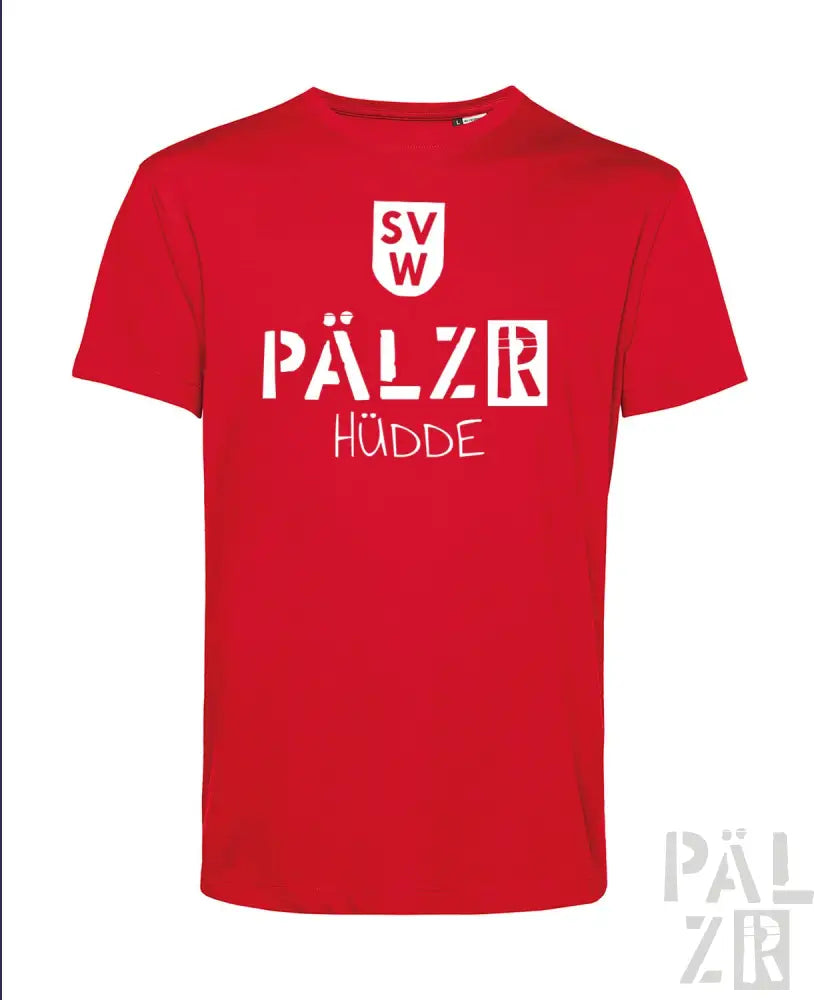 Rotes T-Shirt mit weißem Text und Logodesign, das ’svw pälzr hüdde’ in fetten Buchstaben zeigt.