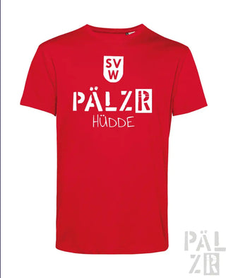 Rotes T-Shirt mit weißem Text und Logodesign, das ’svw pälzr hüdde’ in fetten Buchstaben zeigt.