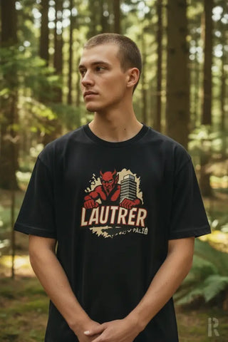 Schwarzes T-Shirt mit ’lautrer’ Grafikdesign, das eine rote Figur und metallische Elemente zeigt.