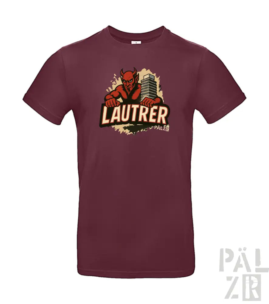 Bordeaux-Farbenes T-Shirt mit Teufel-Design und ‚lautrer‘-Text, Baumwollmaterial.