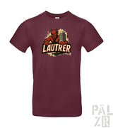 Bordeaux-Farbenes T-Shirt mit Teufel-Design und ‚lautrer‘-Text, Baumwollmaterial.