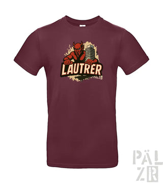 Bordeaux-Farbenes T-Shirt mit Teufel-Design und ‚lautrer‘-Text, Baumwollmaterial.
