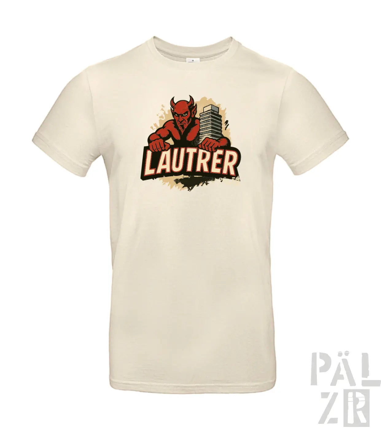 Cremeweiße T-Shirt mit rotem Teufel-Design und dem Wort „lautrer“ in fetten Buchstaben.