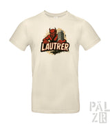 Cremeweiße T-Shirt mit rotem Teufel-Design und dem Wort „lautrer“ in fetten Buchstaben.