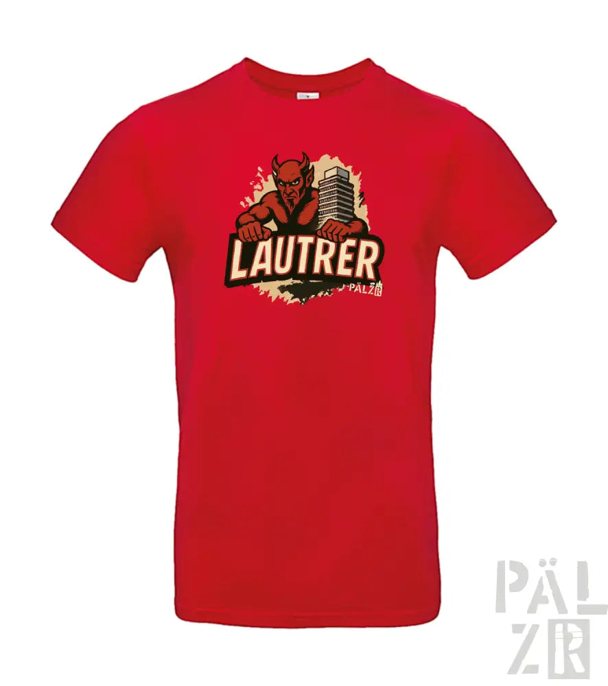 Rotes T-Shirt mit ’lautrer’-Logo und Teufel-Design, Baumwollmaterial.