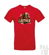Rotes T-Shirt mit ’lautrer’-Logo und Teufel-Design, Baumwollmaterial.