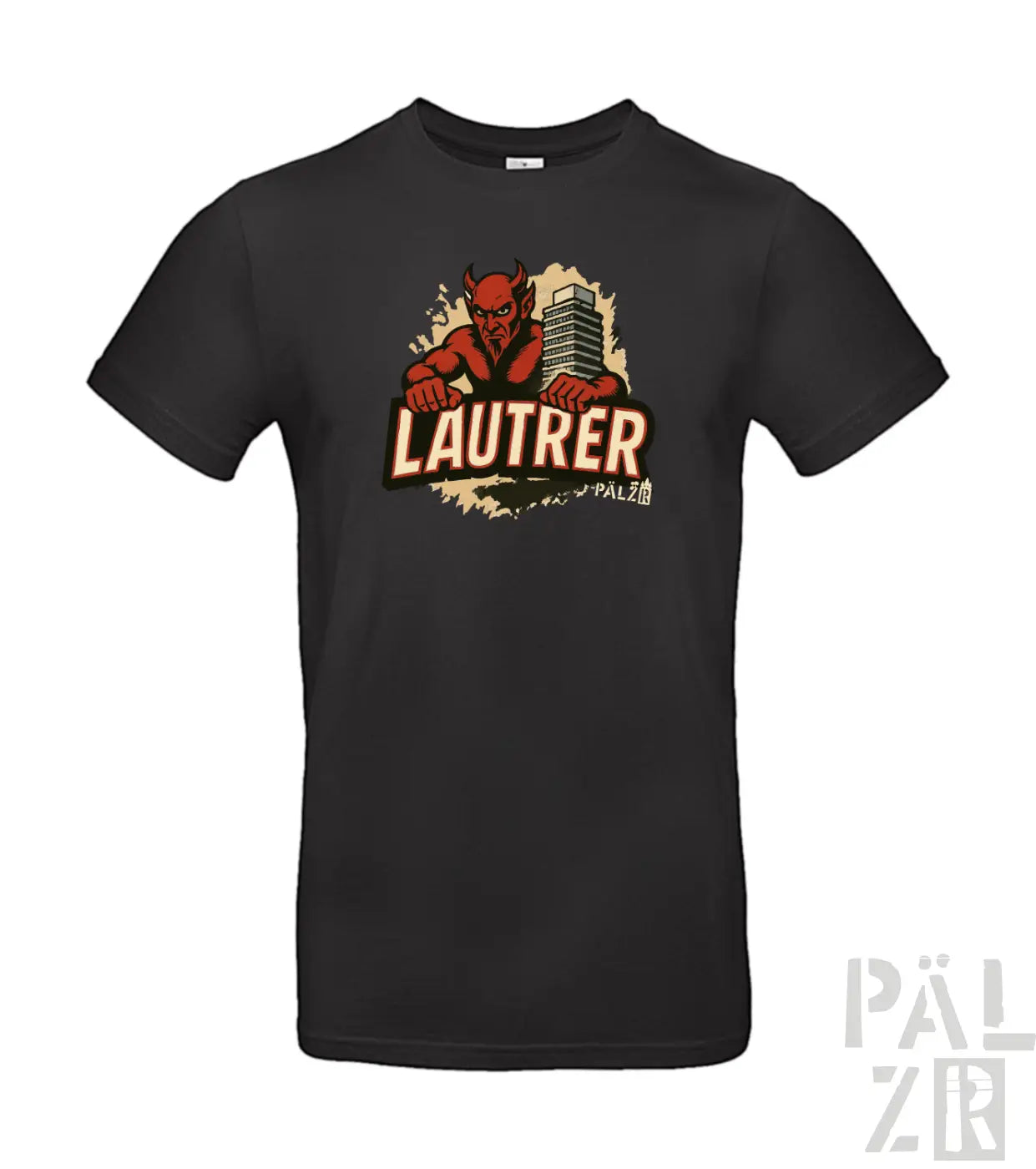 Schwarzes T-Shirt mit rotem Teufel-Design und ‚lautrer‘-Text.