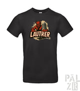 Schwarzes T-Shirt mit rotem Teufel-Design und ‚lautrer‘-Text.