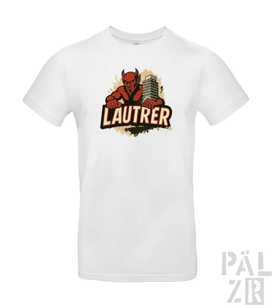 Weißes T-Shirt mit rotem Teufel-Design und ’lautrer’-Text.