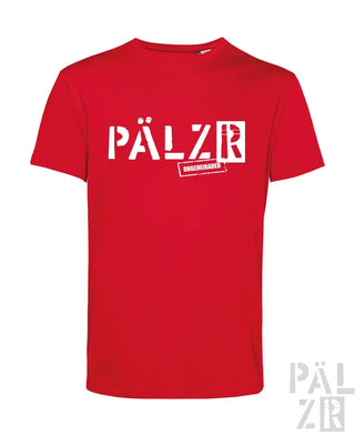 Rotes T-Shirt mit weißem „pälzr“-Logo und Textdesign.