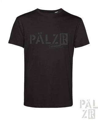 Schwarzes T-Shirt mit ‚pälzir‘-Logo und Grafikdesign auf der Vorderseite, aus Baumwolle gefertigt.