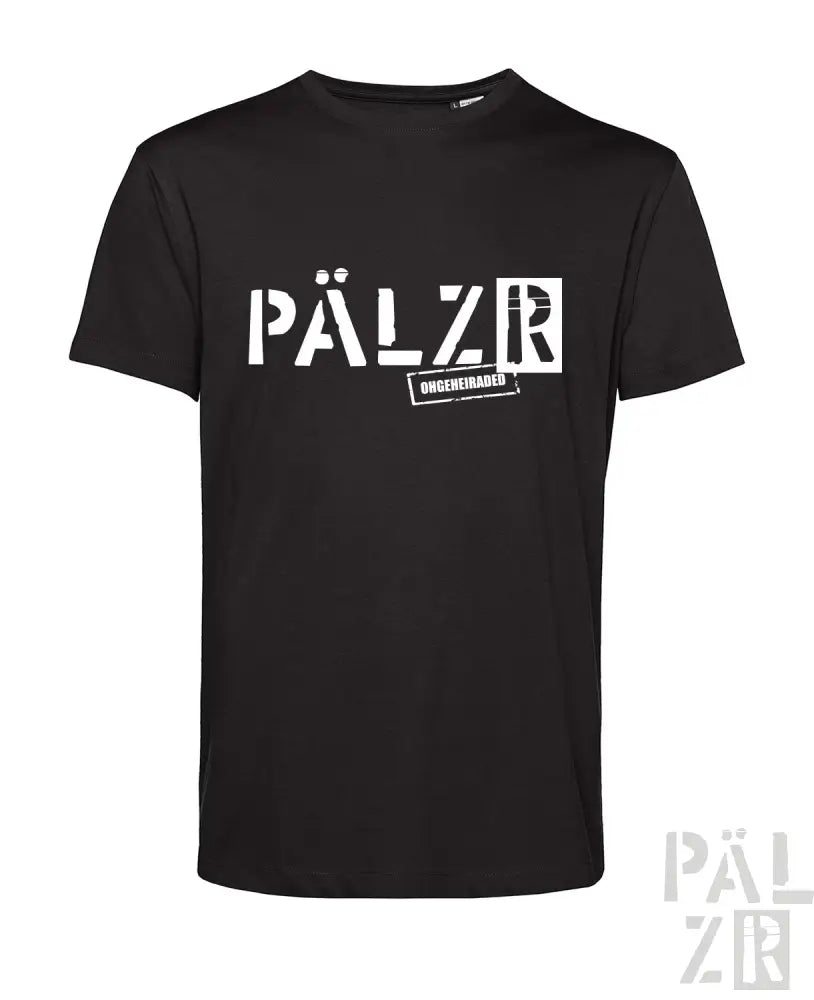 Schwarzes T-Shirt mit weißem ‚pälzr‘-Logo und Text, aus Baumwolle.
