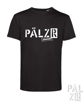 Schwarzes T-Shirt mit weißem ‚pälzr‘-Logo und Text, aus Baumwolle.