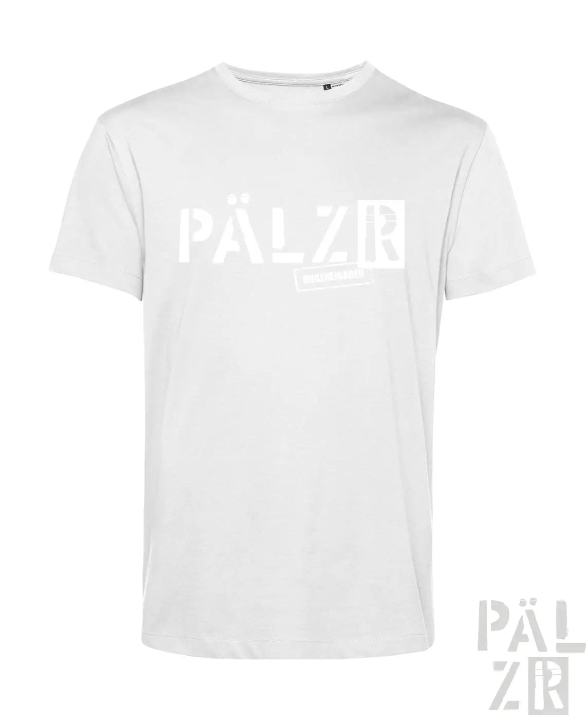 Weißes T-Shirt mit ’palzr’-Logo-Design, Baumwollmaterial.