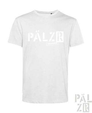 Weißes T-Shirt mit ’palzr’-Logo-Design, Baumwollmaterial.
