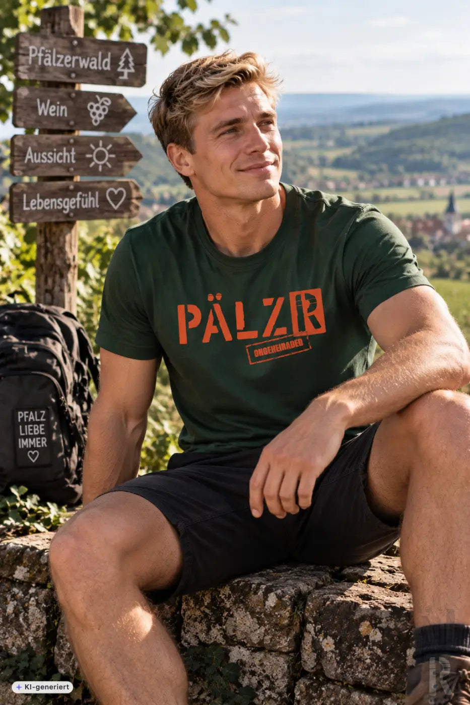 Dunkelgrünes herren t-shirt mit kurzen ärmeln und orangefarbener pälz schrift sowie kleinem rechteckigem logo