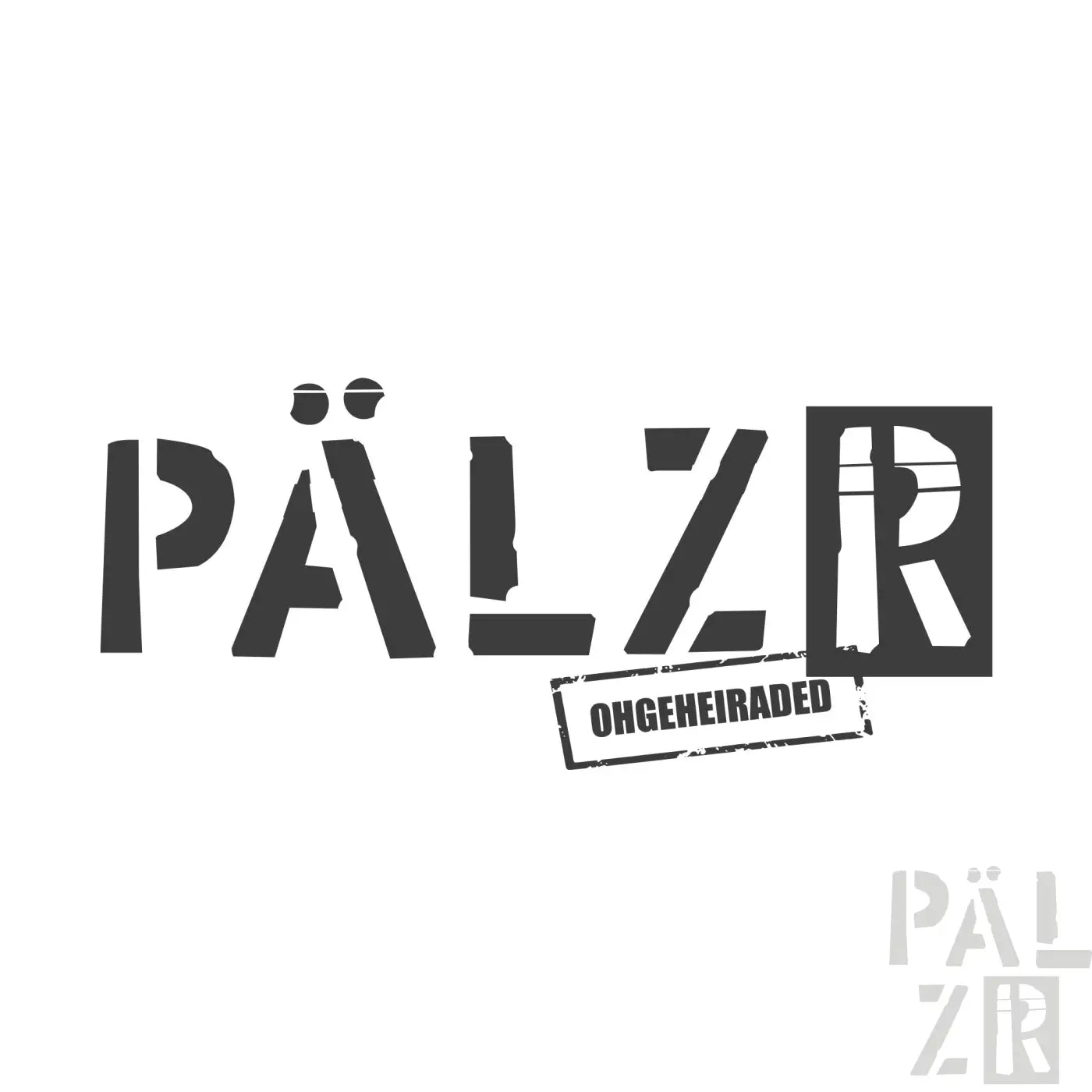 Schwarzes männer t-shirt mit distressed pälzr logo und stilisiertem ohgeheiraded stempel in verschiedenen farben