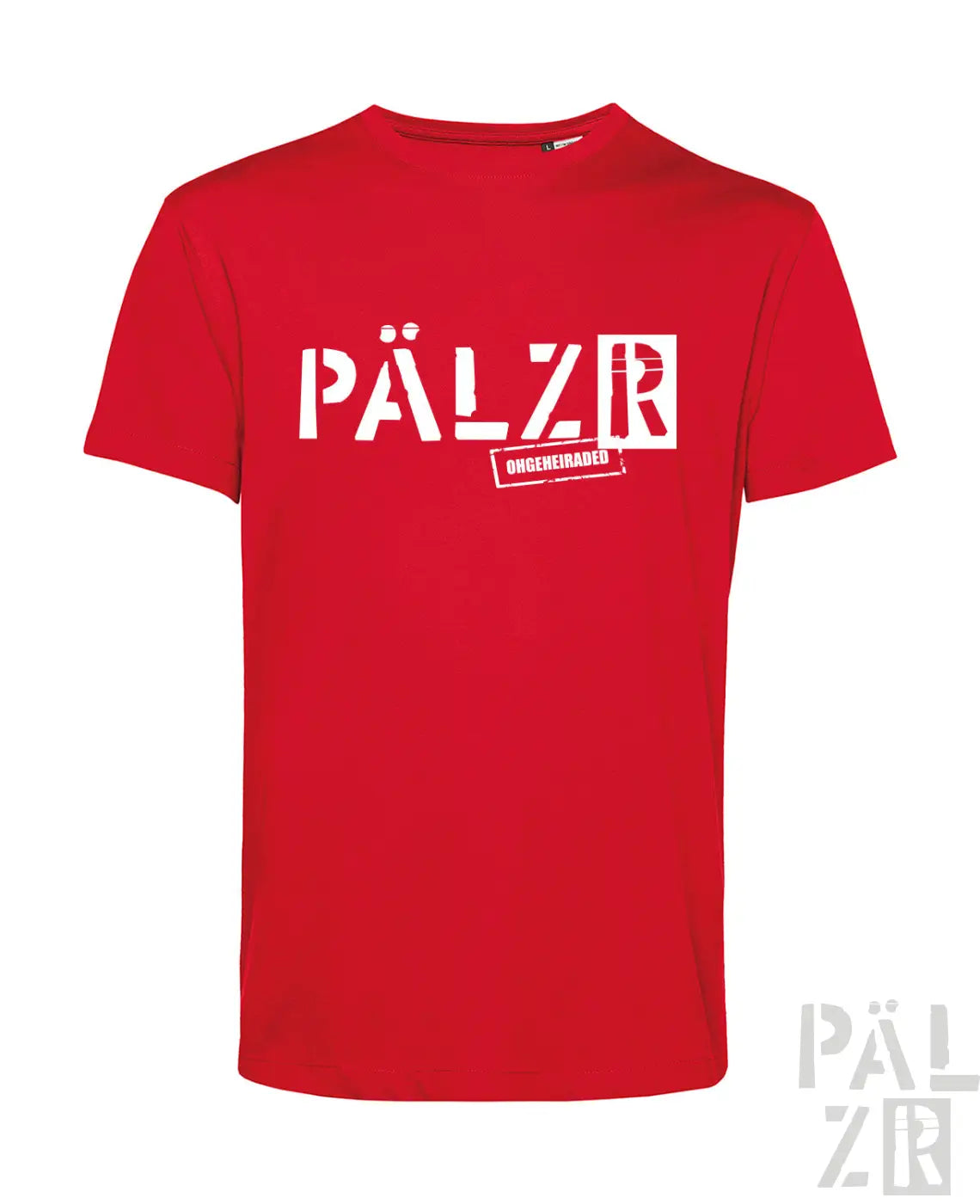 Männer t shirt in rot mit weißem pälzr aufsdruck und kleinem ongeheiraded schriftzug darunter