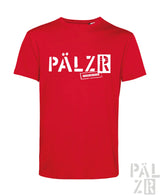 Männer t shirt in rot mit weißem pälzr aufsdruck und kleinem ongeheiraded schriftzug darunter