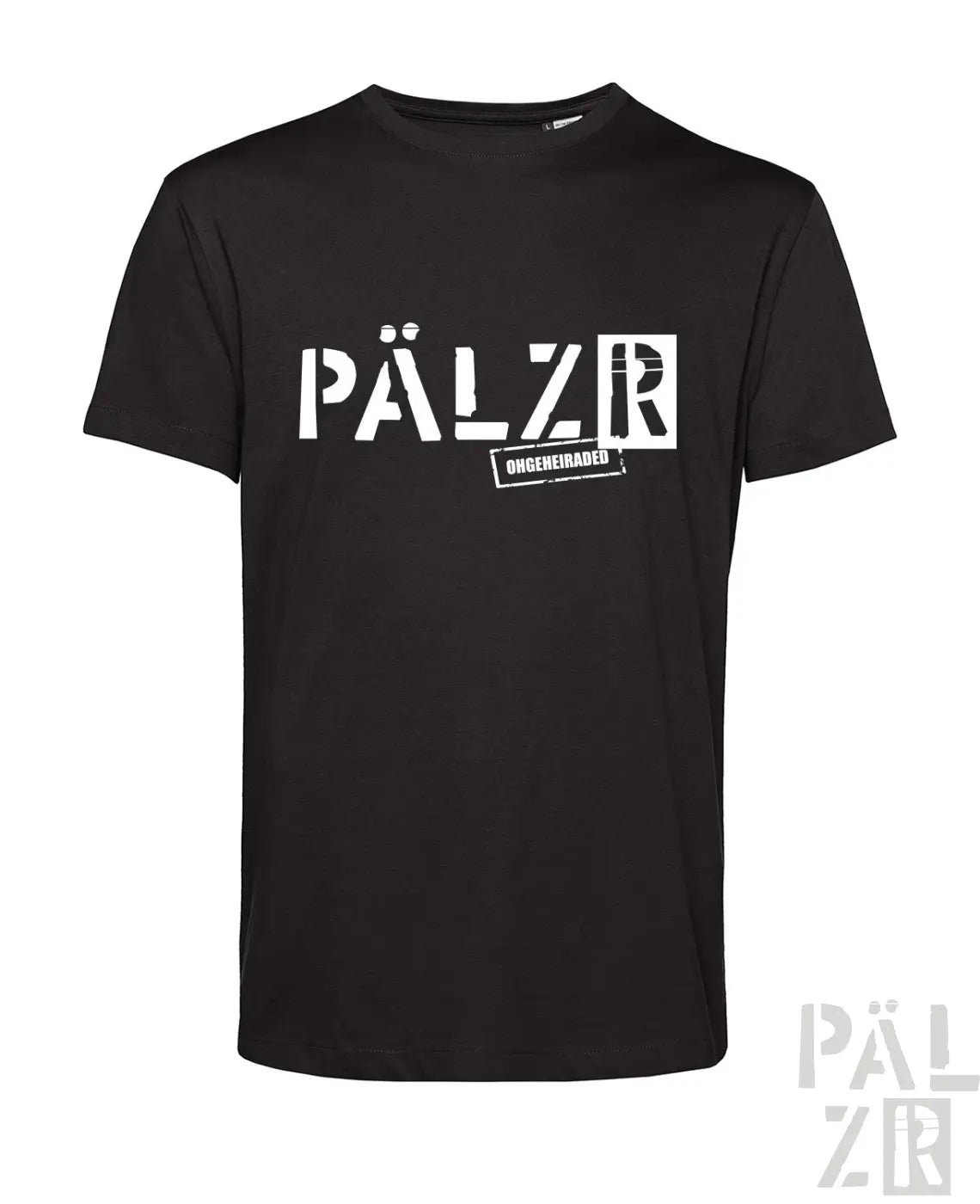 Schwarzes männer t-shirt mit kurzärmeln und weißem pälzr schriftzug sowie kleinem ongeheiraded stempel darunter