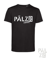 Schwarzes männer t-shirt mit kurzärmeln und weißem pälzr schriftzug sowie kleinem ongeheiraded stempel darunter