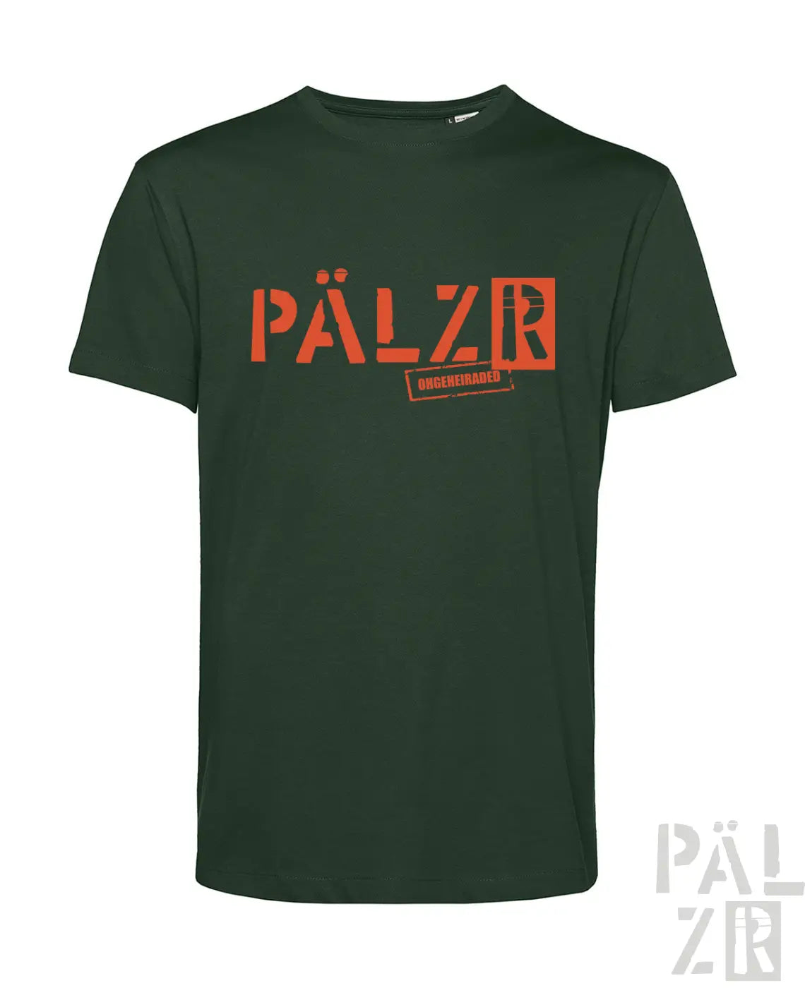 Dunkelgrünes männer t-shirt mit kurzen ärmeln und fettem orangefarbenem pälzro schriftzug sowie kleinem stempel darunter