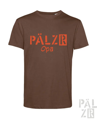 Braunes T-Shirt mit ’pälzr opa’-Design in Orange und Weiß, aus Baumwolle.