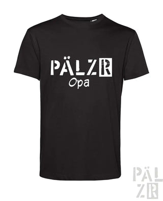 Schwarzes T-Shirt mit ’pälzr opa’-Design in weißem Text, aus Baumwolle.