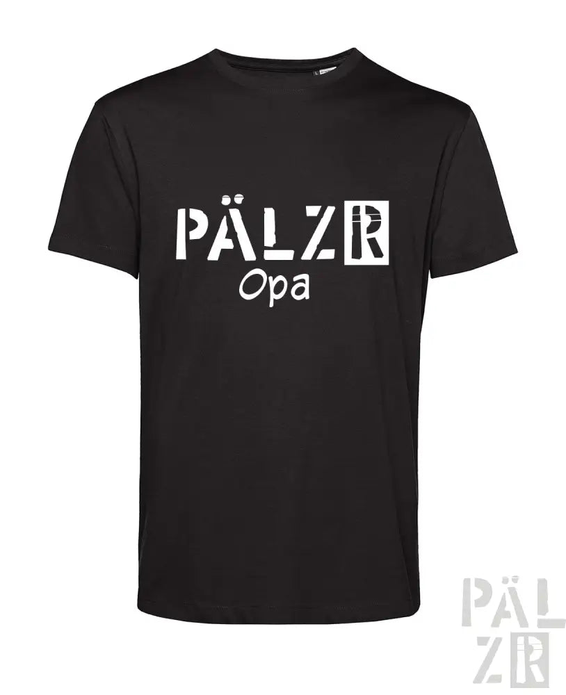 Schwarzes T-Shirt mit ’pälzr opa’-Design in weißer Schrift, aus Baumwolle.